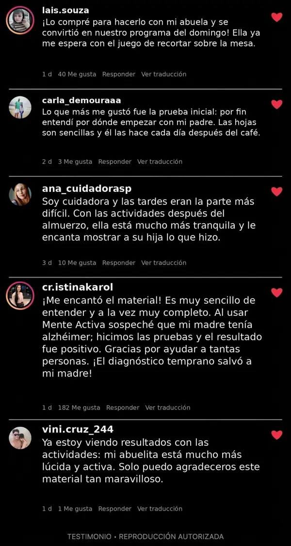 Comentarios de familiares y cuidadores sobre sus experiencias con las actividades de Mente Activa.